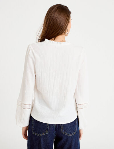 Blouse broderie col V manches longues ecru femme