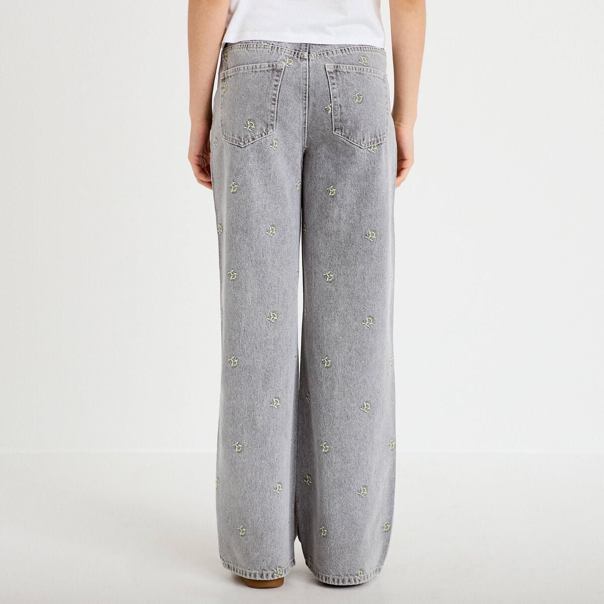 Jean wide leg taille haute brod&eacute; denim gris femme