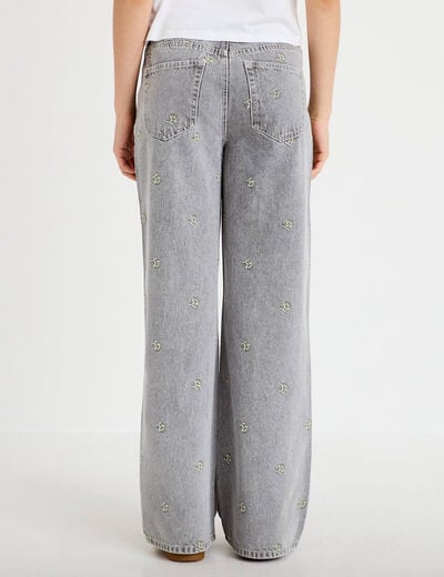 Jean wide leg taille haute brod&eacute; denim gris femme