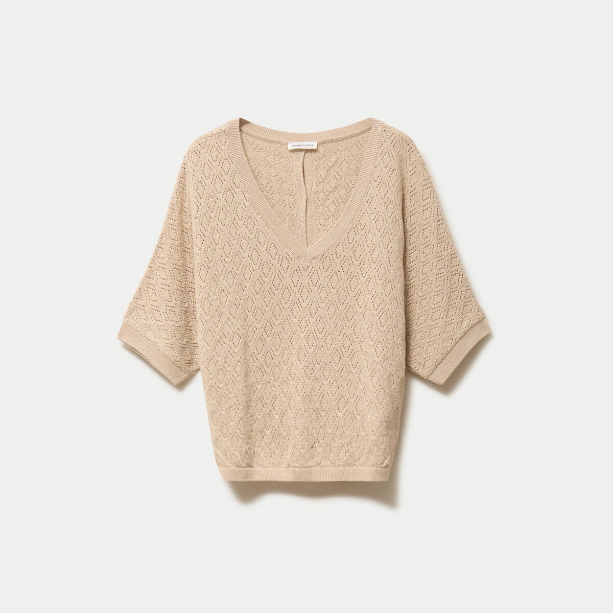 Pull ajour&eacute; col v manches courtes beige femme