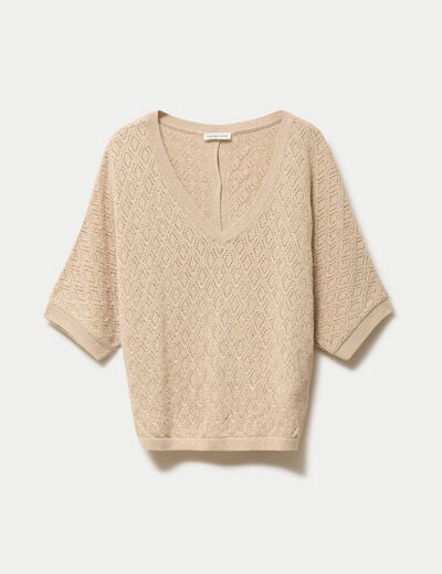 Pull ajour&eacute; col v manches courtes beige femme