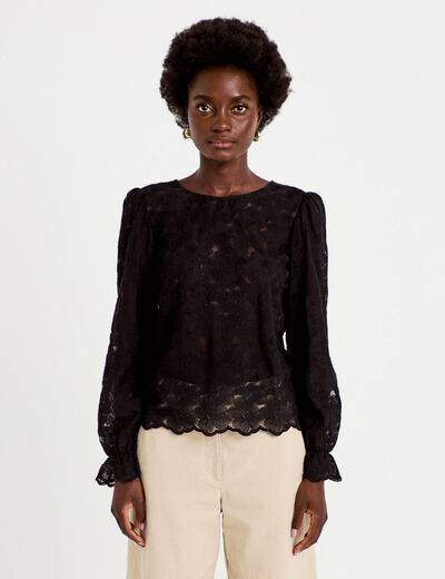 Blouse droite col v en dentelle noir femme