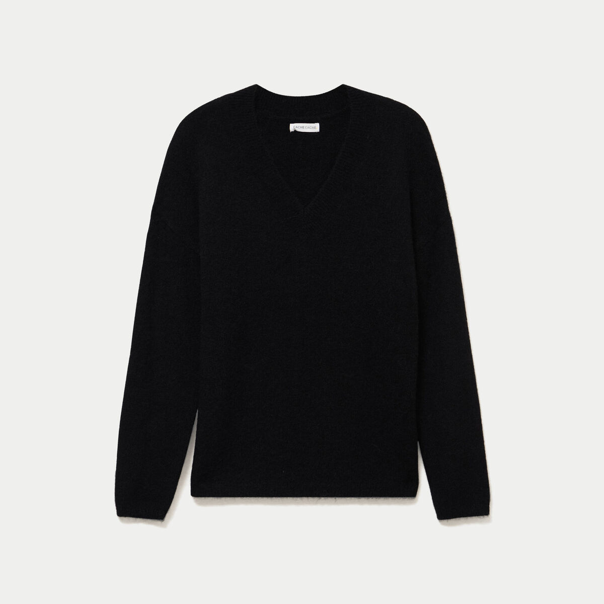 Pull col v manches longues noir femme