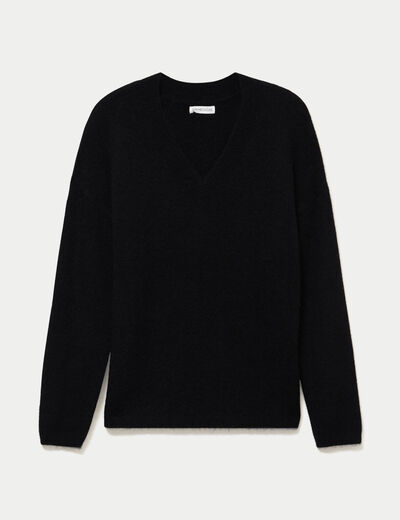 Pull col v manches longues noir femme