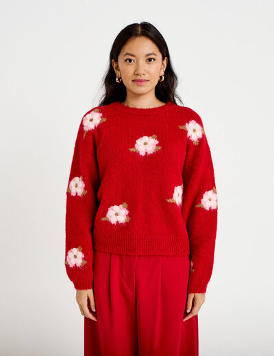 Pull ample col rond manches longues rouge femme