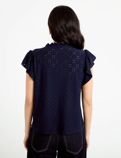 Blouse ajour&eacute;e col v manches courtes bleu marine femme