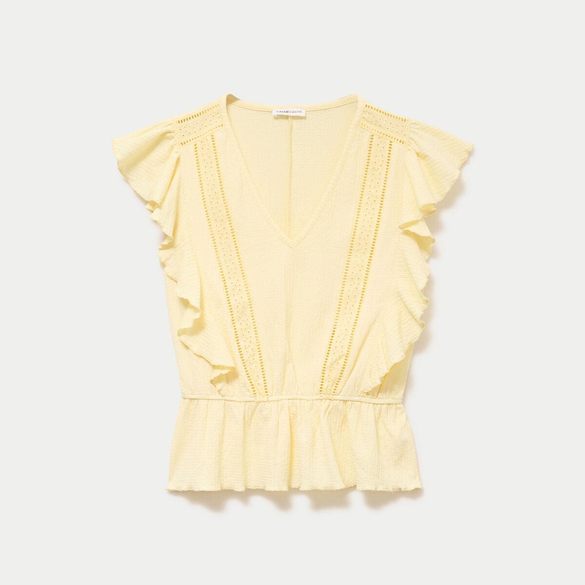 Blouse &agrave; volants jaune pastel femme