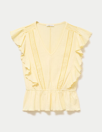 Blouse &agrave; volants jaune pastel femme