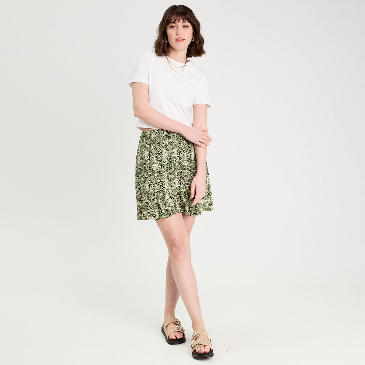 Jupe courte &eacute;vas&eacute;e vert kaki femme