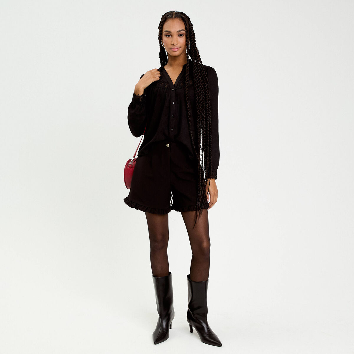 Blouse maille relief&eacute;e noir femme