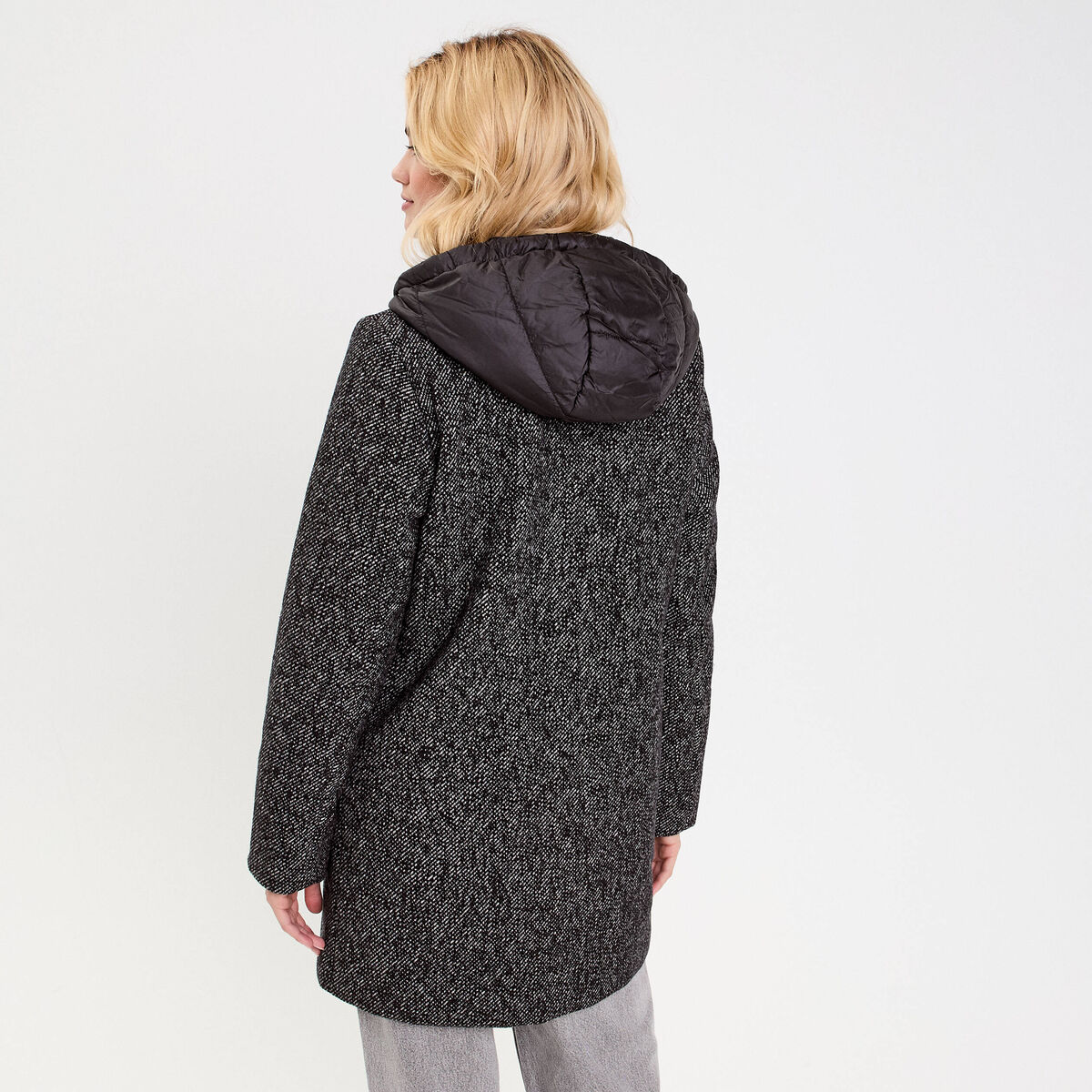 Manteau droit long &agrave; capuche noir femme