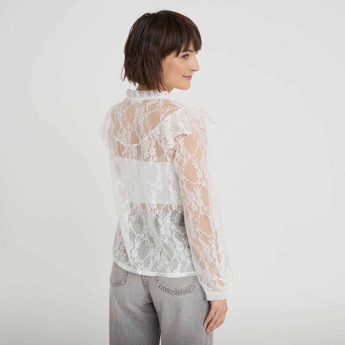 Blouse col rond manches longues dentelle ecru femme