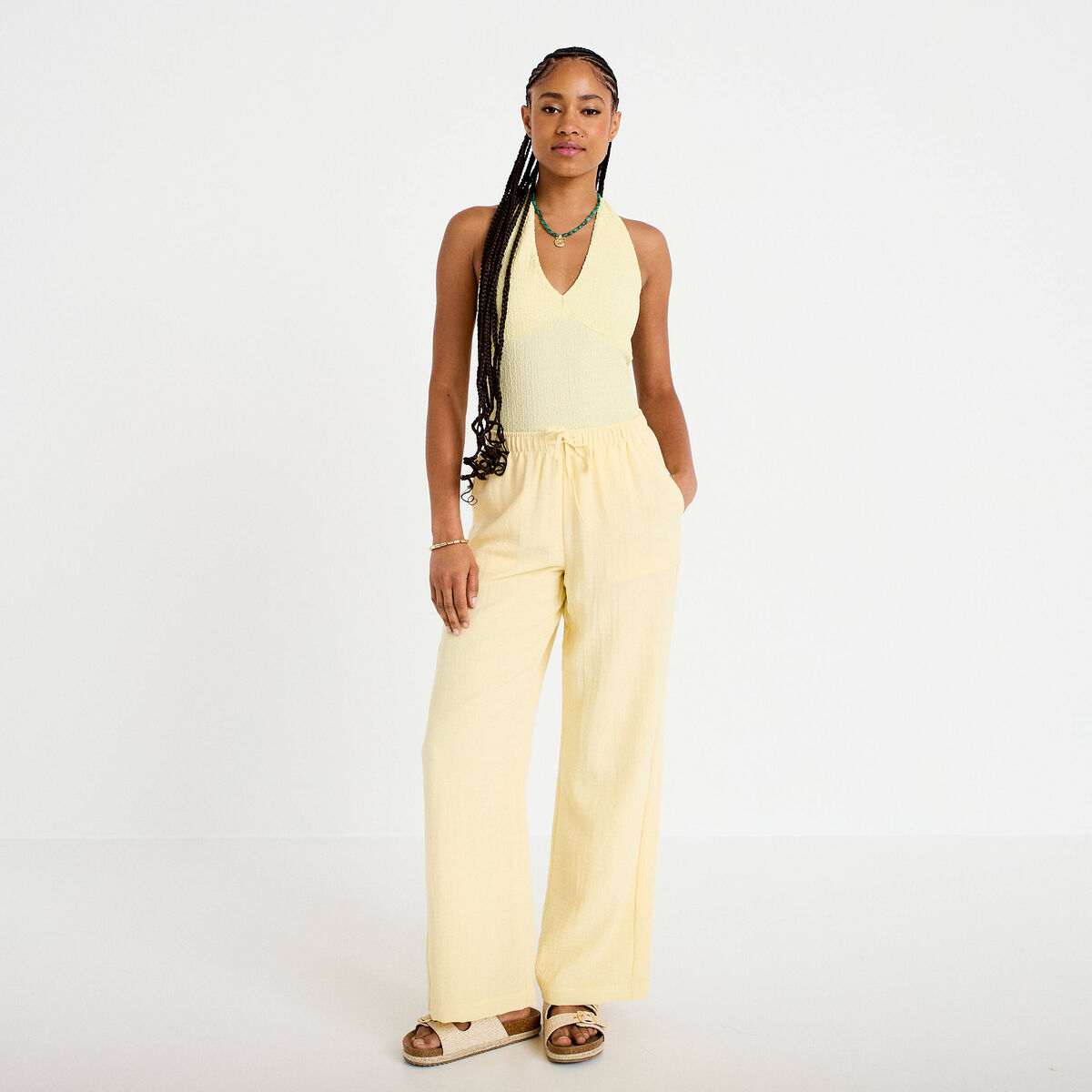 Pantalon large fluide taille &eacute;lastiqu&eacute;e jaune pastel femme