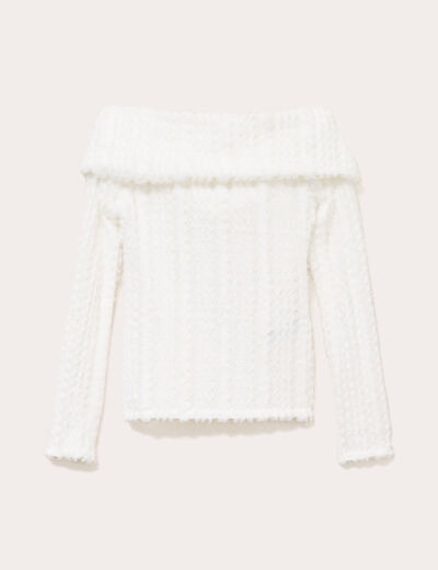 Pull cintr&eacute; court col bardot ecru femme