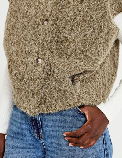 Veste sans manches col montant vert kaki femme