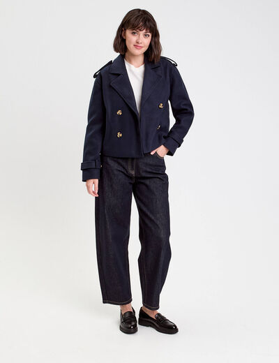 Trench droit court col tailleur bleu marine femme