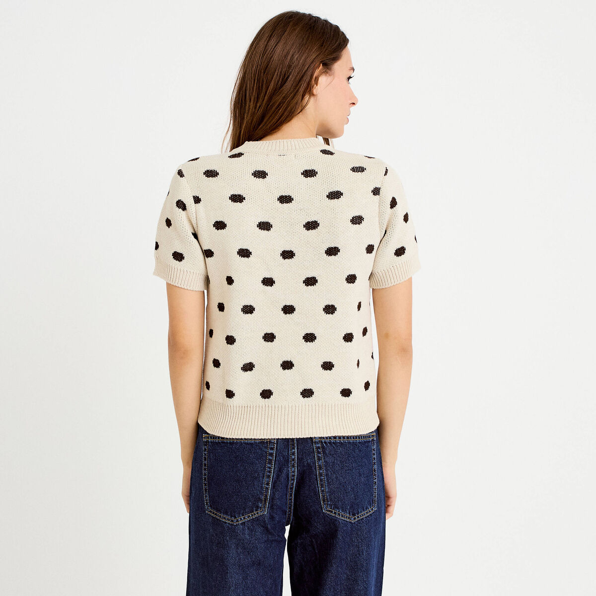 Pull cintr&eacute; col rond manches courtes ecru femme