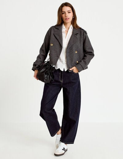Trench droit court col tailleur gris femme