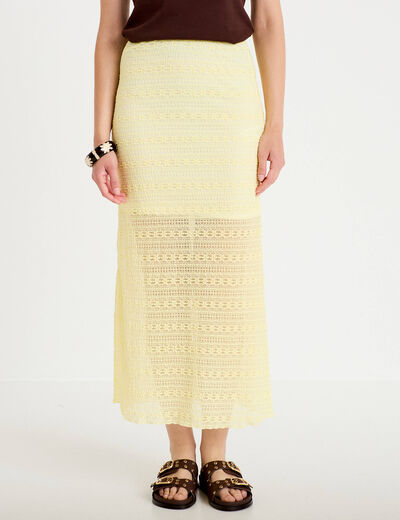 Jupe longue droite en dentelle jaune clair femme