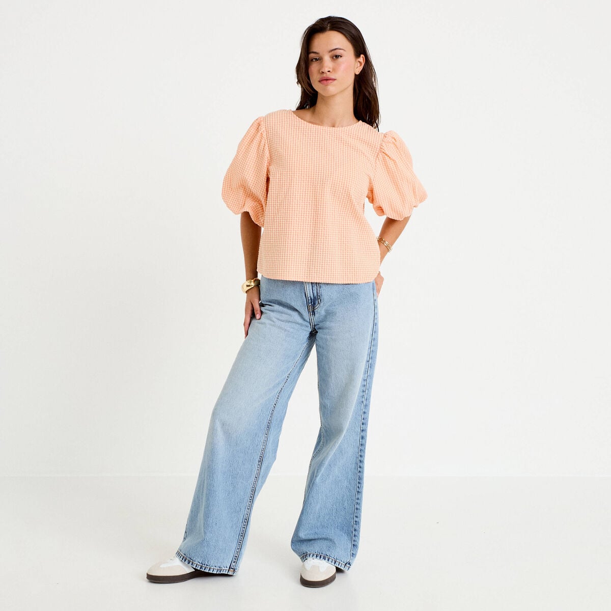 Blouse effet boule manches courtes orange femme