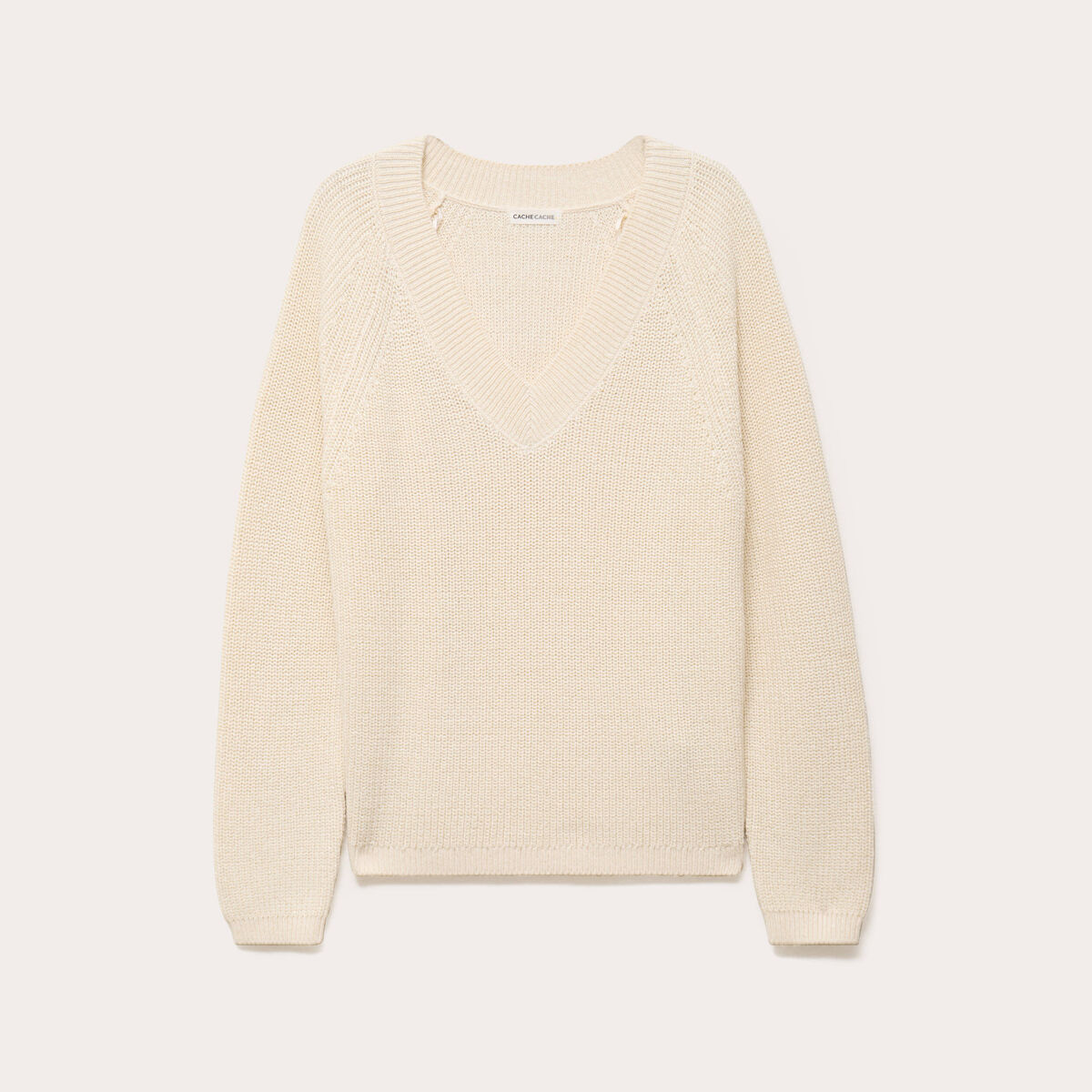 Pull col v manches longues ivoire femme
