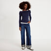 T-shirt col bardot manches longues bleu marine femme