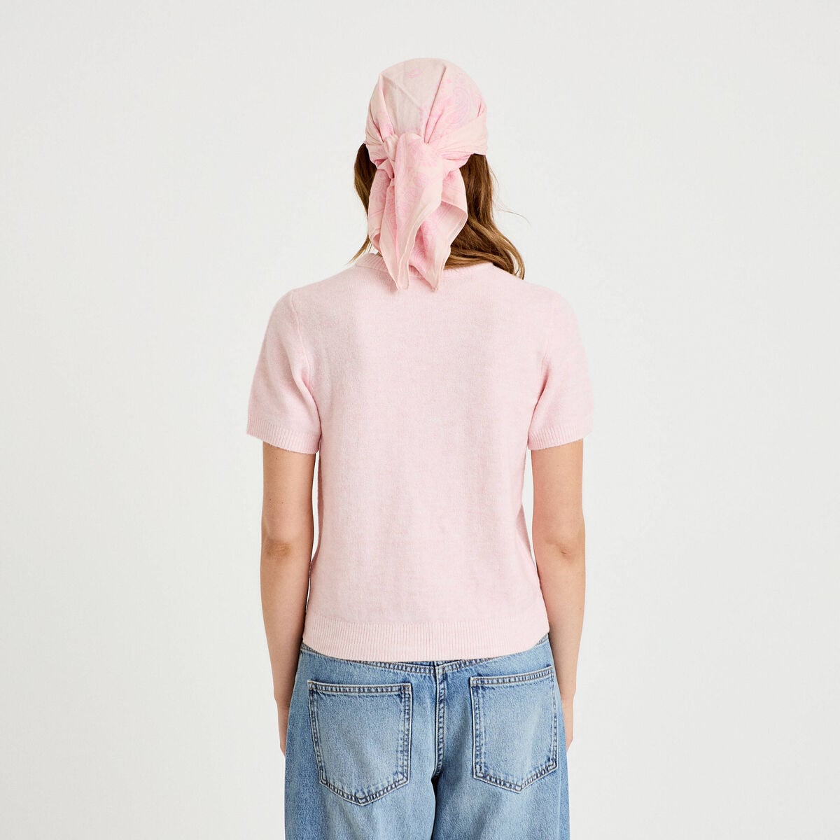 Pull ample manches courtes rose clair femme