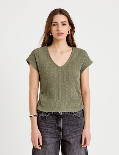 T-shirt ajour&eacute; d&eacute;tails cordons vert kaki femme