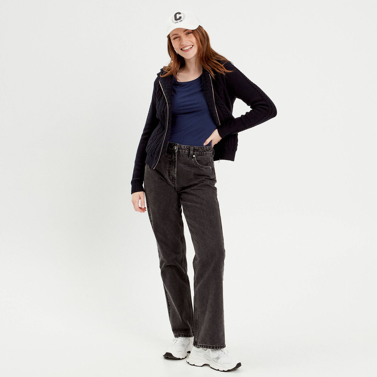 Gilet &agrave; capuche zipp&eacute; bleu marine femme