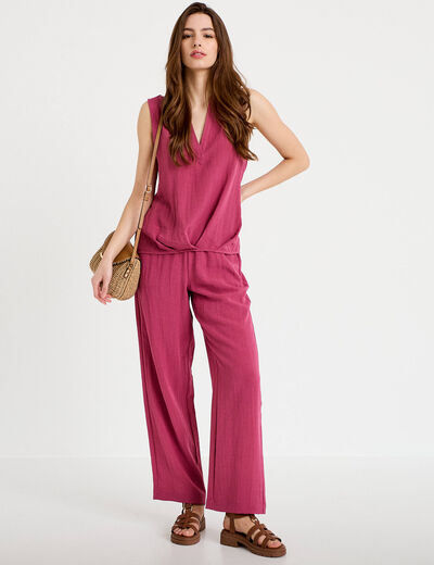 Blouse sans manches col tunisien pliss&eacute; prune femme