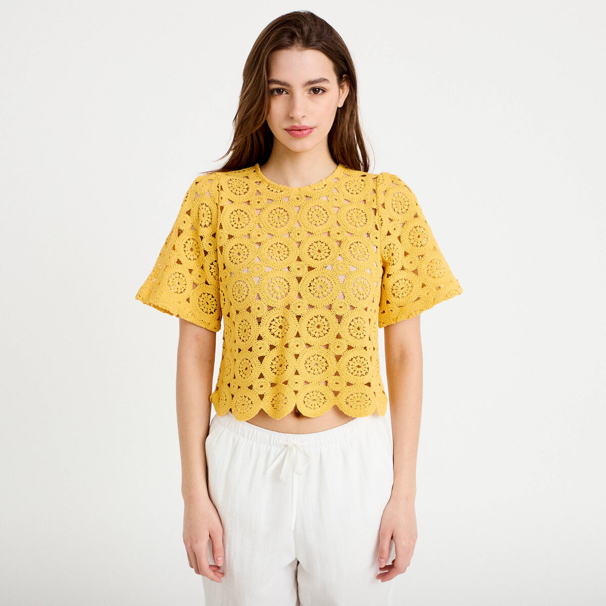 T-shirt macram&eacute; col rond jaune femme
