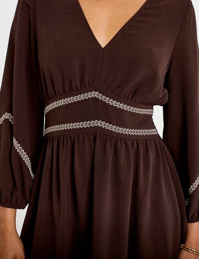 Robe courte &eacute;vas&eacute;e col v manches 3/4 marron fonc&eacute; femme