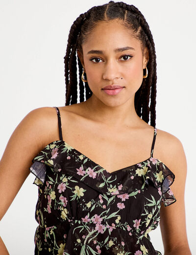 Top fines bretelles voile col v noir femme