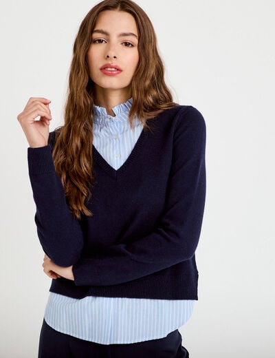 Pantalon large taille haute bleu marine femme