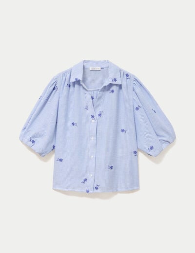 Chemise droite col classique manches 3/4 bleu clair femme