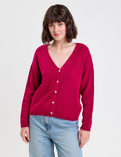 Gilet boutonn&eacute; avec col en V rose fushia femme