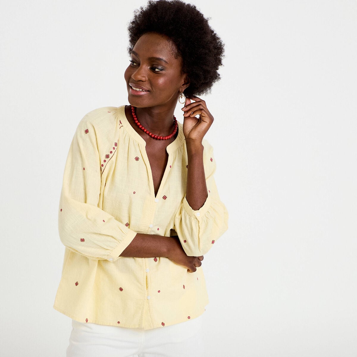 Blouse ample col tunisien manches 3/4 jaune pastel femme