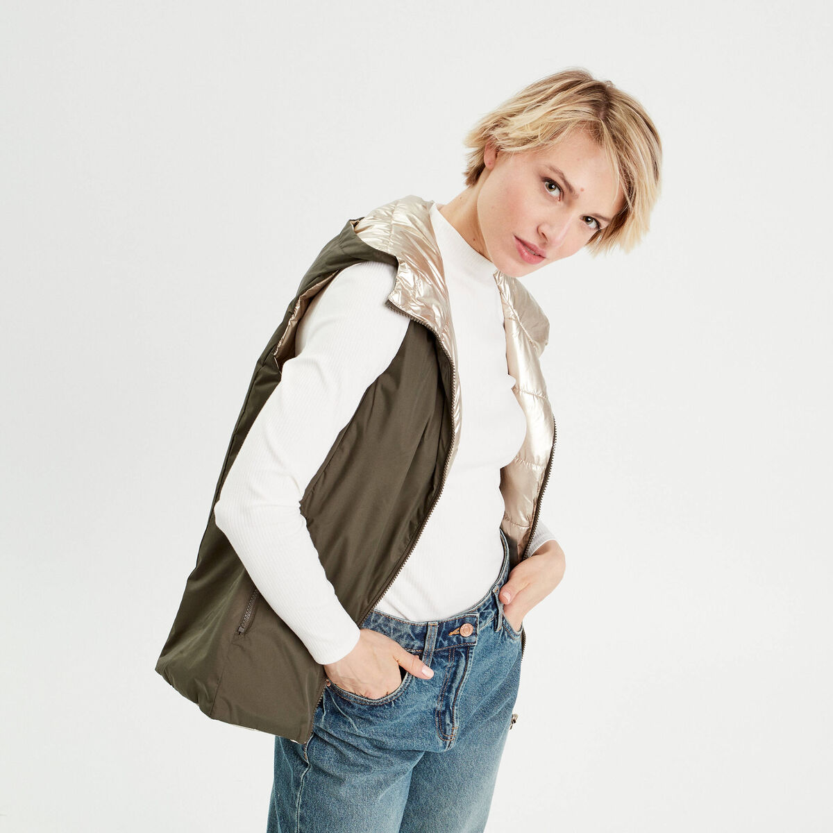 Doudoune r&eacute;versible vert kaki femme