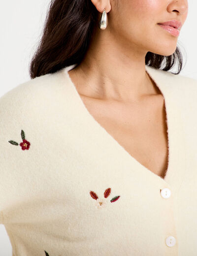Gilet manches longues fleurs brod&eacute;es sable femme