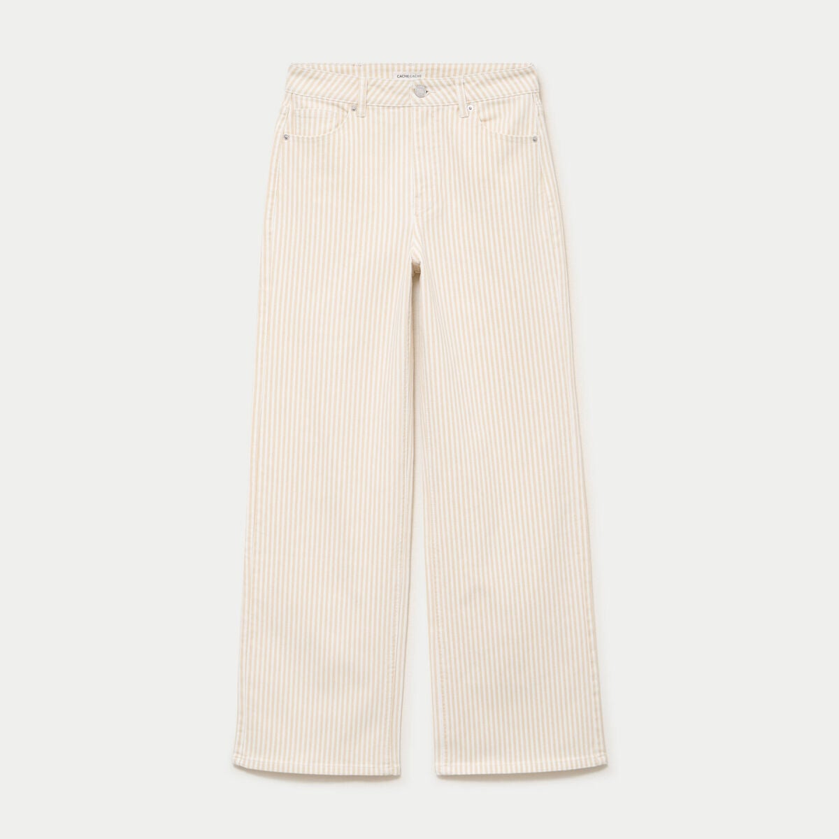 Jean wide leg ray&eacute; taille haute beige femme