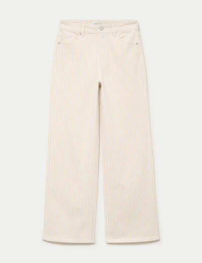 Jean wide leg ray&eacute; taille haute beige femme