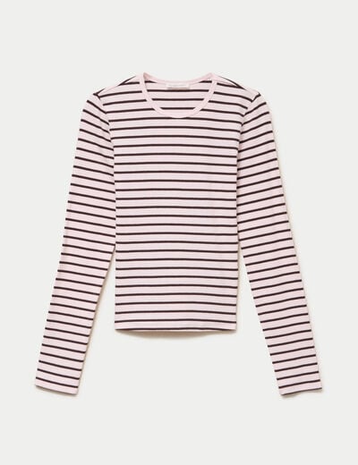 T-shirt ajust&eacute; col rond manches longues rose femme