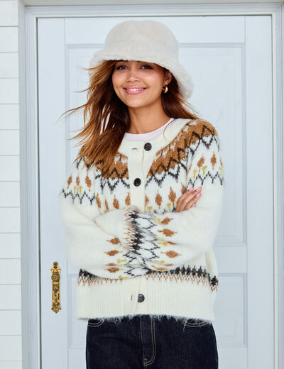 Gilet col rond manches longues ivoire femme