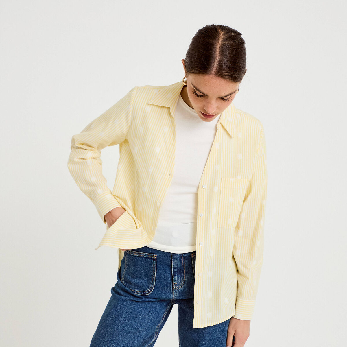 Chemise droite manches longues jaune citron femme