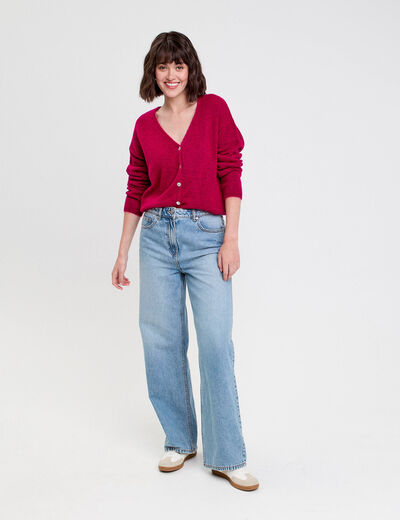 Gilet boutonn&eacute; avec col en V rose fushia femme
