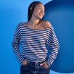 Pull col bateau manches longues bleu femme