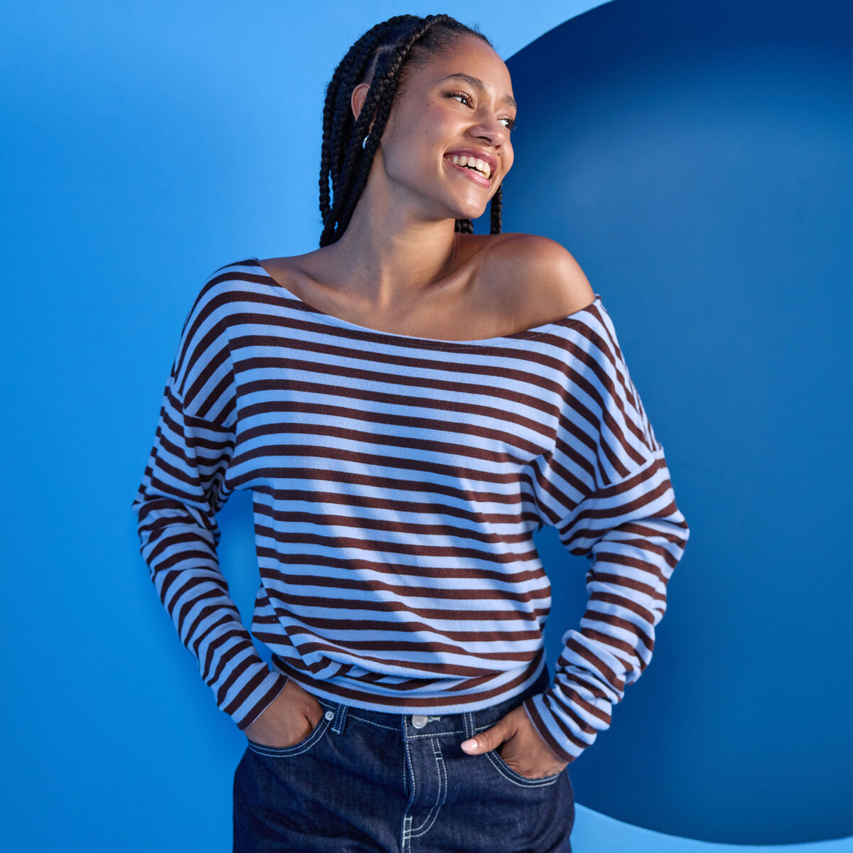 Pull col bateau manches longues bleu femme