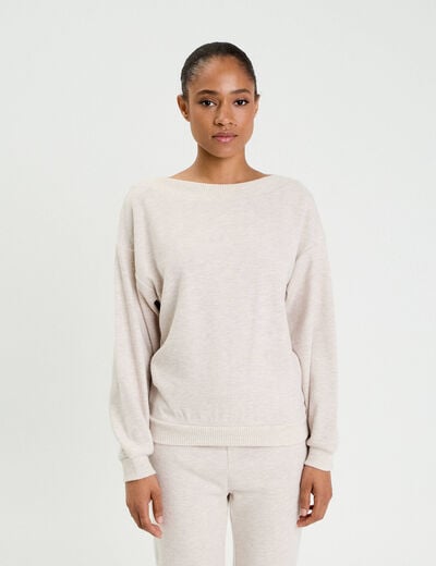 Sweat duveteux col rond manches longues sable femme