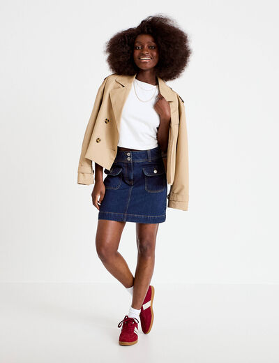 Jupe trap&egrave;ze courte en jean avec poches denim brut femme