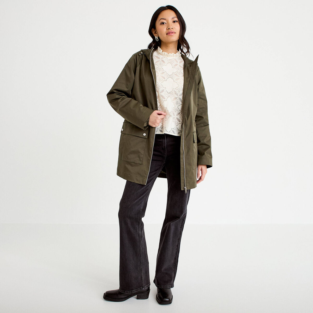 Parka &agrave; capuche taille ajustable vert kaki femme